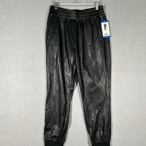 DKNY JEANS WOMEN'S FAUX LEATHER ELASTIC WAISTBAND 2 POCKET JOGGER(BLACK L)NWT